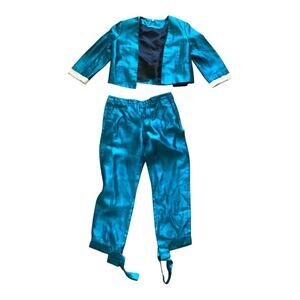 VTG Hussein Chalayan 100% Silk Turquoise Two Piece Set Pant Designer Suit EU 40